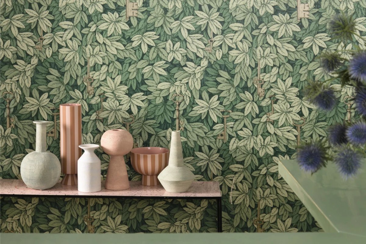 Design detail in Rome Monti district with tropical wallpaper, decorative vases on shelf and modern finishes - Salotto Monti, BZAR hotels in Rome